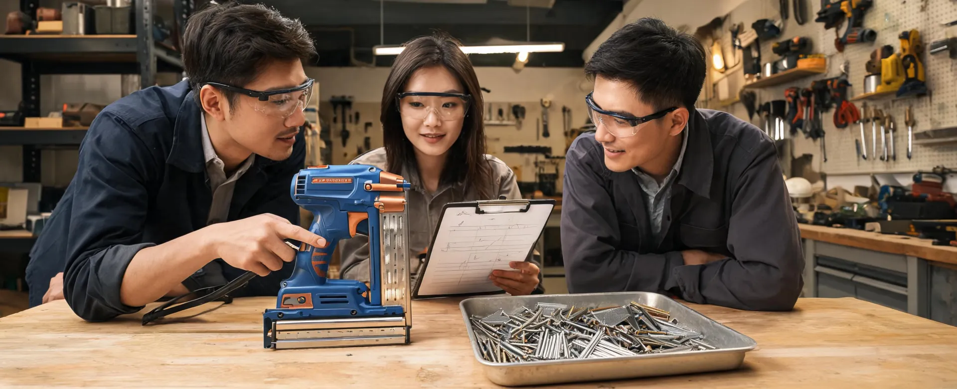 Paslode team reviewing nailer parts and jobsite notes