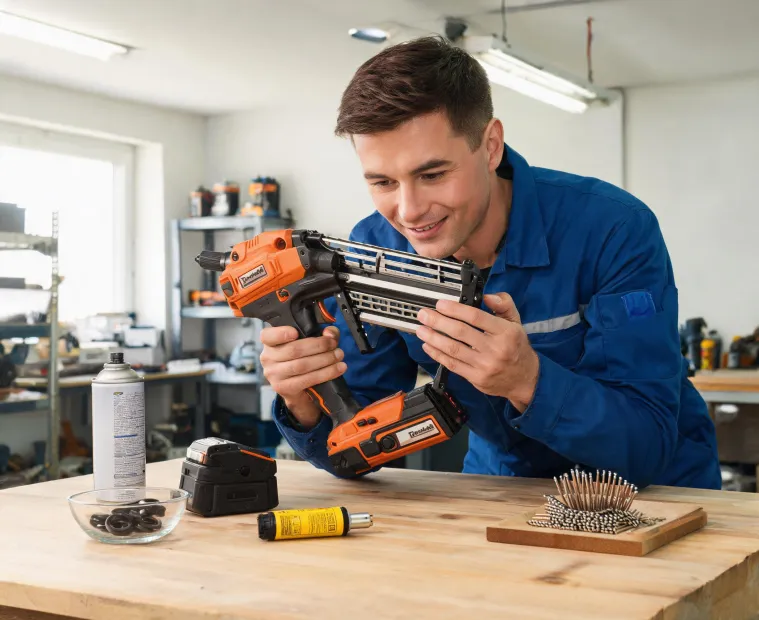 Technician checking a Paslode nailer on a service bench